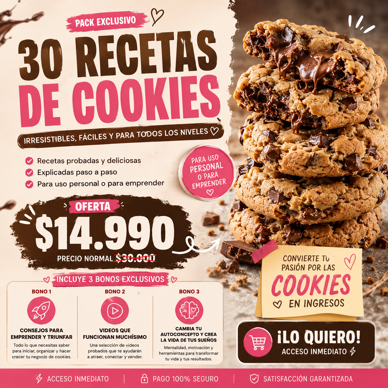 30 RECETAS DE COOKIES PERFECTAS + 3 BONOS DE REGALO !